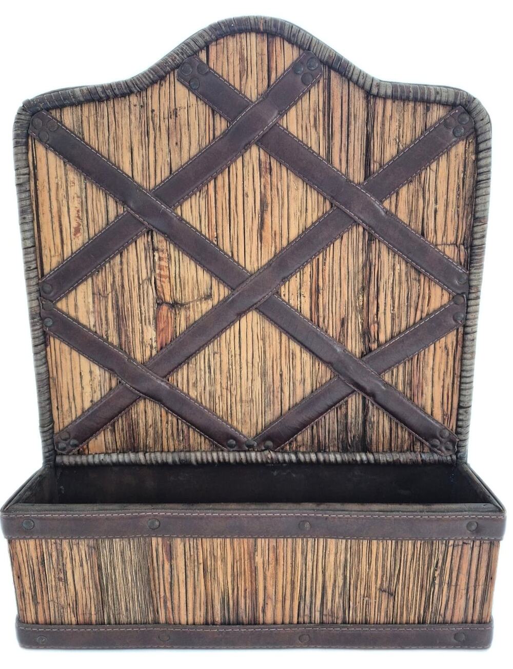 Vintage 1970's Wood Rattan Leather Wall Organizer Mail Pocket Letter Holderolder